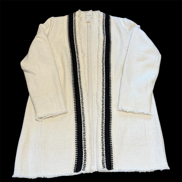 Chico’s Womens Wool Open Front Sweater Cardigan Sz L Embroidered Textured Career - Picture 1 of 10